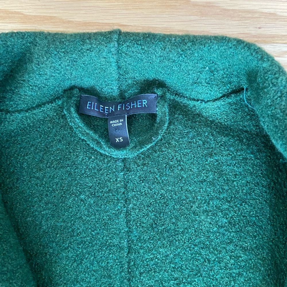 Eileen Fisher, deep green, collared open cardigan/outerwear.
